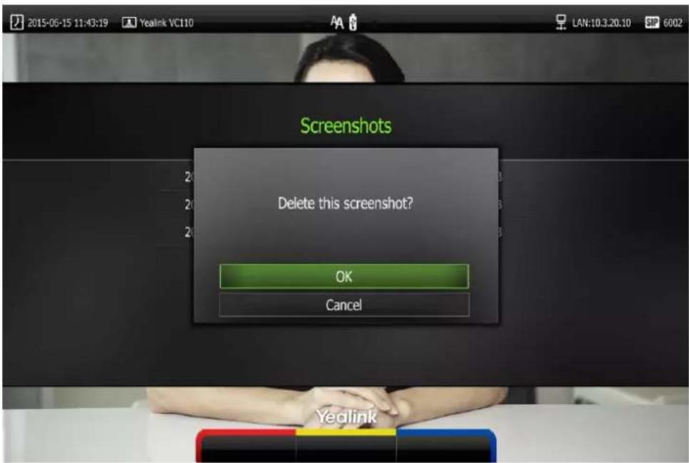 2015-06-15 11:43:19 Yealink VC110 LAN:10.3.20.10 SP 6002 Screenshots Delete this screenshot? OK Cancel Yealink