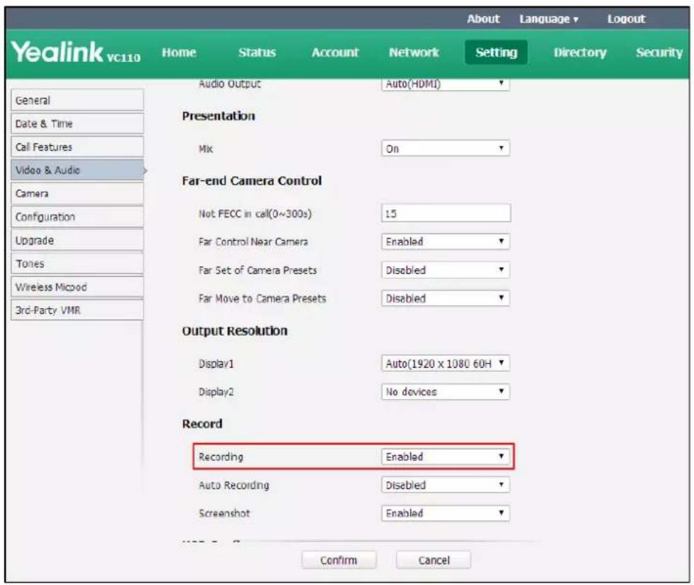 Yealink vc110 Home Status Account Network Setting About Language Logout Directory Security Audio Output Auto(HDMI) Presentation Mix On Far-end Camera Control Not FECC in call(0~300s) 15 Far Control Near Camera Enabled Far Set of Camera Presets Disabled Far Move to Camera Presets Disabled Output Reso…