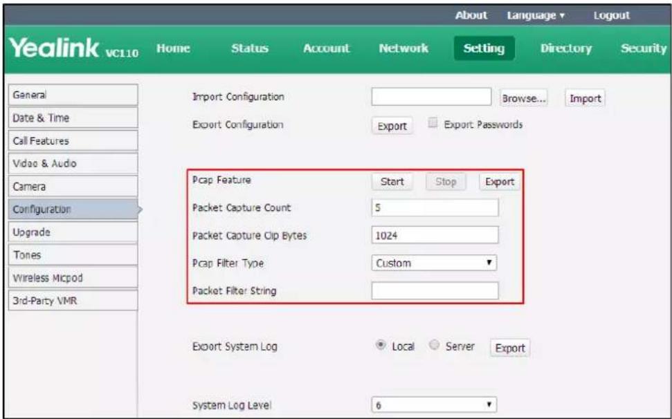 Yealink vc110 Home Status Account Network Setting About Language Logout Directory Security General Date & Time Call Features Video & Audio Camera Configuration Upgrade Tones Wireless Micpod 3rd-Party VMR Import Configuration Browse... Import Export Configuration Export Export Passwords Pcap Feature…