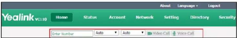 Yealink vc110 Home Status Account Network Setting Directory Security Enter Number Auto Auto Video Call Voice Call