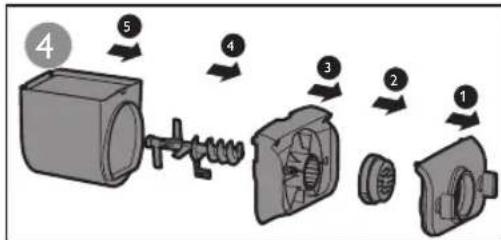 Diagram showing a mechanical assembly with numbered components, likely illustrating a turning or disassembly process.