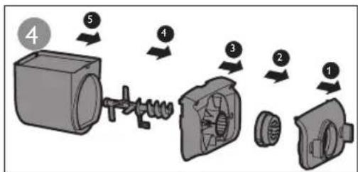 Diagram showing a mechanical assembly with numbered components, likely illustrating a turning or disassembly process.