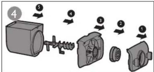 Diagram showing a mechanical assembly with numbered components, likely illustrating a turning or disassembly process.