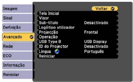 Imagem Sinal Definição Avançado Rede ECO Informação Reiniciar Tela Inicial Visor Sub-título Desactivado Logótipo utilizador Projeção Frontal Operação USB Type B USB Display ID do Projector Desactivado Língua Português Reiniciar