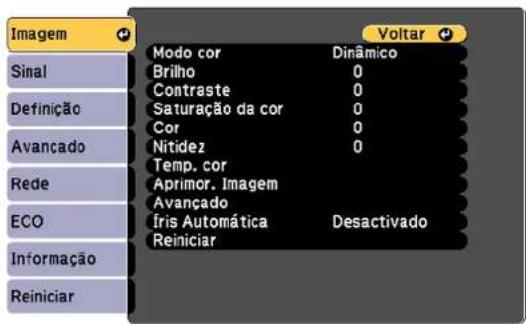 Imagem Sinal Definição Avancado Rede ECO Informação Reiniciar Modo cor Dinâmico Briho 0 Contraste 0 Saturação da cor 0 Cor 0 Nitidez 0 Temp. cor Aprimor. Imagem Avancado Íris Automática Desactivado Reiniciar