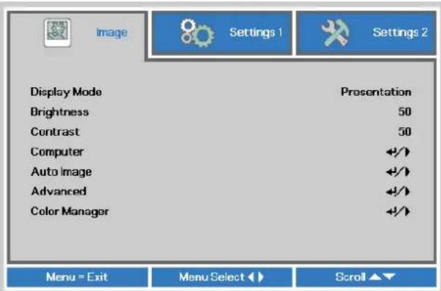 Display Mode Brightness Contrast Computer Auto Image Advanced Color Manager Presentation 50 50 +/+ +/+ +/+ +/+ Menu = Exit Menu Select < > Scroll ▲▼