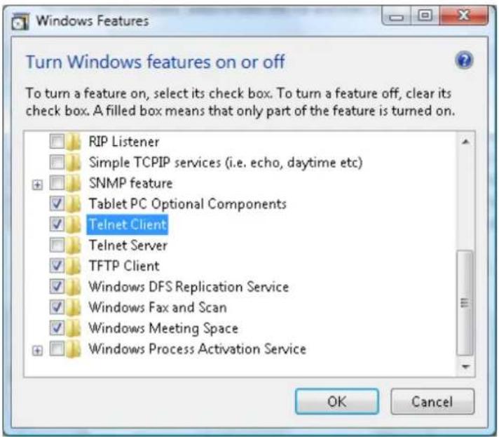 Turn Windows features on or off To turn a feature on, select its check box. To turn a feature off, clear its check box. A filled box means that only part of the feature is turned on. RIP Listener Simple TCPIP services (i.e. echo, daytime etc) SNMP feature Tablet PC Optional Components Telnet Client Telnet Server TFTP Client Windows DFS Replication Service Windows Fax and Scan Windows Meeting Space Windows Process Activation Service OK Cancel