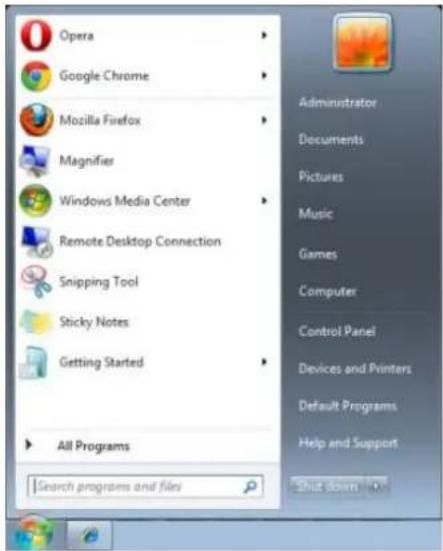 Opera Google Chrome Mozilla Firefox Magnifier Windows Media Center Remote Desktop Connection Snipping Tool Sticky Notes Getting Started All Programs Search programs and files Administrator Documents Pictures Music Games Computer Control Panel Devices and Printers Default Programs Help and Support Shut down
