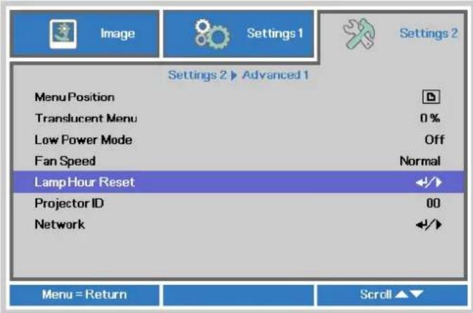 Image Settings 1 Settings 2 Settings 2 ▶ Advanced 1 Menu Position Translucent Menu 0 % Low Power Mode Off Fan Speed Normal LampHour Reset ◀◀ Projector ID 00 Network ◀◀ Menu = Return Scroll ▲▼