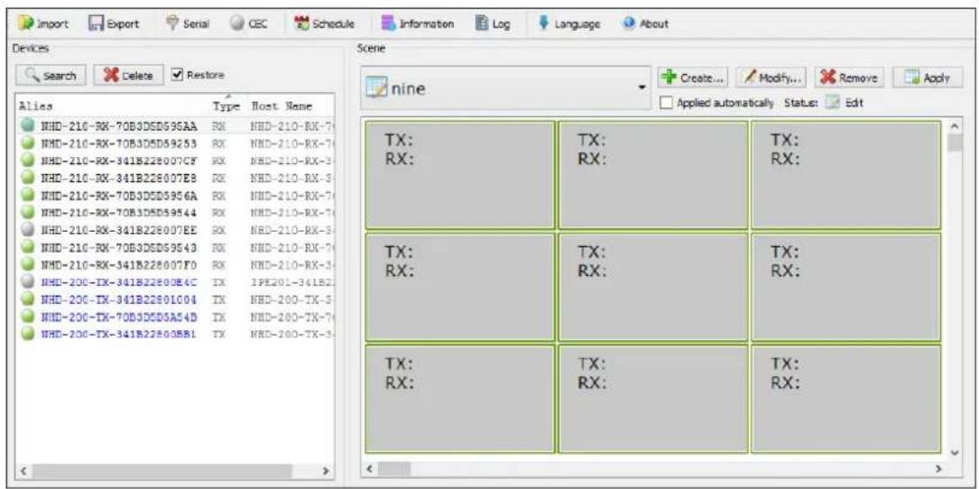 Import Export Serial CEC Schedule Information Log Language About Devices Search Delete Restore Scene Alice Type Host Name HHD-210-RX-70B3DSD59SAA RX HHD-210-RX-7 HHD-210-RX-70B3DSD59S253 RX HHD-210-RX-7 HHD-210-RX-341B228007CF RX HHD-210-RX-3 HHD-210-RX-341B228007E8 RX HHD-210-RX-3 HHD-210-RX-70B3DSD59S6A RX HHD-210-RX-7 HHD-210-RX-70B3DSD59S44 RX HHD-210-RX-7 HHD-210-RX-341B228007EE RX HHD-210-RX-3 HHD-210-RX-70B3DSD59S43 RX HHD-210-RX-7 HHD-210-RX-341B228007F0 RX HHD-210-RX-3 HHD-20C-TX-341B2280084C TX 1PE201-341B2 HHD-20C-TX-341B22801C04 TX HHD-20C-TX-3 HHD-20C-TX-70B3DSD5A54D TX HHD-20C-TX-7 HHD-20C-TX-341B22800BB1 TX HHD-20C-TX-3 TX: RX: TX: RX: TX: RX: TX: RX: TX: RX: