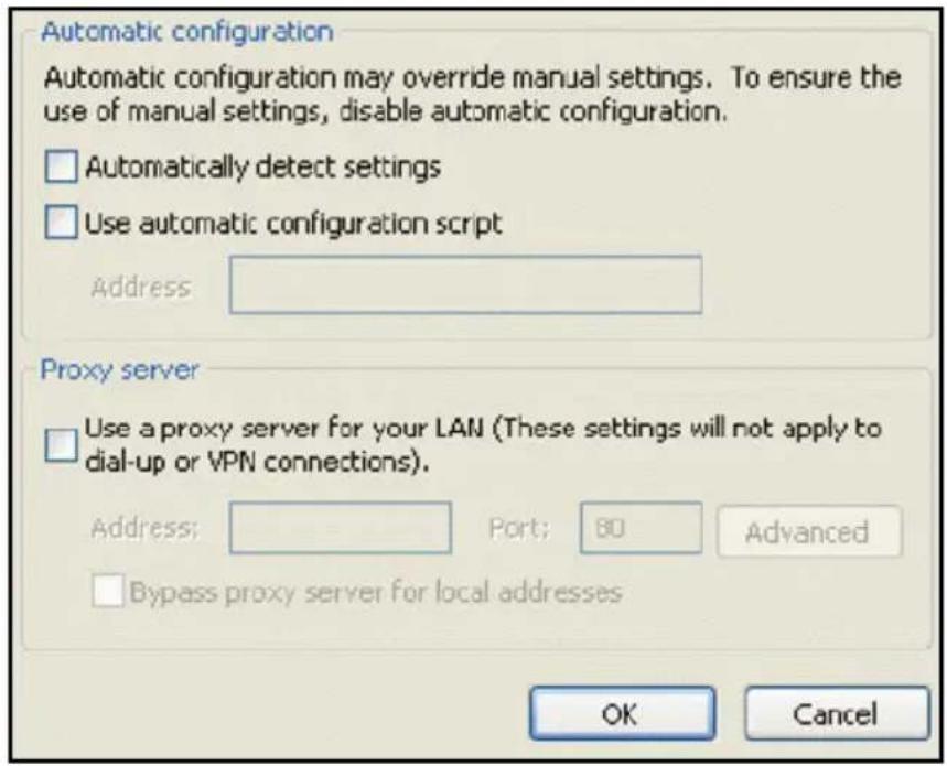 Automatic configuration Automatic configuration may override manual settings. To ensure the use of manual settings, disable automatic configuration. □ Automatically detect settings □ Use automatic configuration script Address: Proxy server □ Use a proxy server for your LAN (These settings will not apply to dial-up or VPN connections). Address: Port: 80 Advanced □ Bypass proxy server for local addresses OK Cancel
