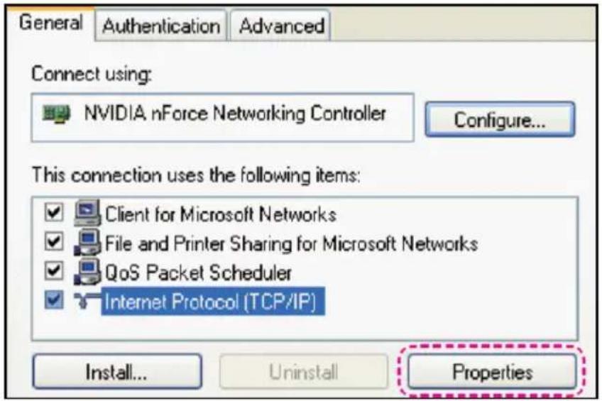 General Authentication Advanced Connect using: NVIDIA nForce Networking Controller Configure... This connection uses the following items: ✓ Client for Microsoft Networks ✓ File and Printer Sharing for Microsoft Networks ✓ QoS Packet Scheduler ✓ Internet Protocol (TCP/IP) Install... Uninstall Properties