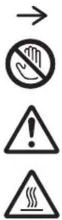 Warning symbols including no hand gesture, warning triangle with exclamation mark, and heat exclamation sign