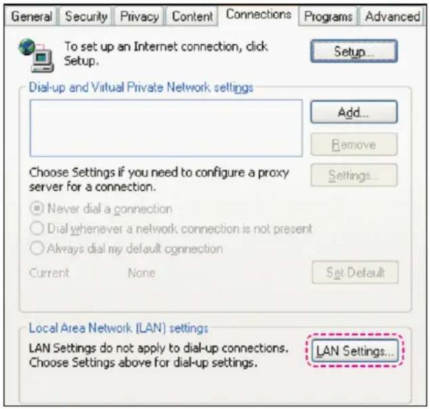General Security Privacy Content Connections Programs Advanced To set up an Internet connection, click Setup. Setup... Dial-up and Virtual Private Network settings Add... Remove Settings... Choose Settings if you need to configure a proxy server for a connection. Never dial a connection Dial whenever a network connection is not present Always dial my default connection Current None Set Default Local Area Network (LAN) settings LAN Settings do not apply to dial-up connections. Choose Settings above for dial-up settings. LAN Settings...