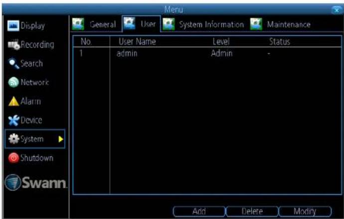 Display Recording Search Network Alarm Device System Shutdown Swann. General User System Information Maintenance No. User Name Level Status 1 admin Admin - Add Delete Modify