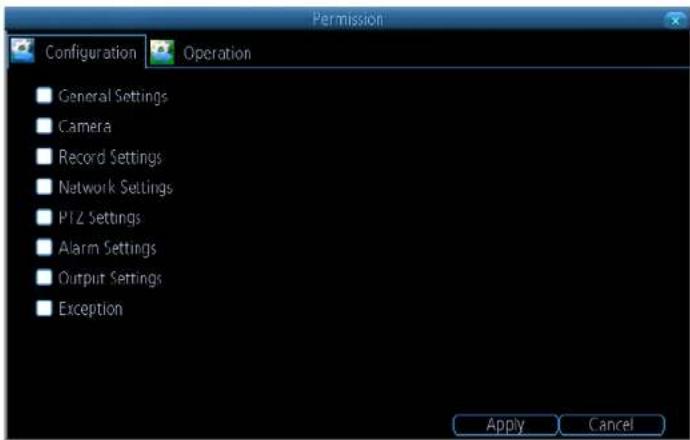 Permission Configuration Operation General Settings Camera Record Settings Network Settings PIZ Settings Alarm Settings Output Settings Exception Apply Cancel