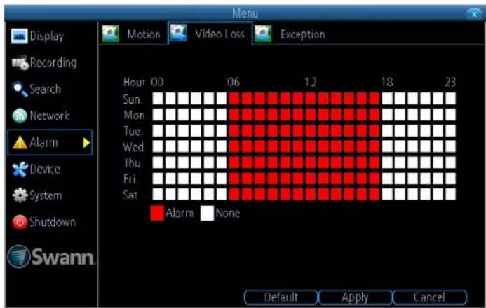 Menu Display Recording Search Network Alarm Device System Shutdown Swann. Motion Video Loss Exception Hour 00 06 12 18 23 Sun. Mon. Tue. Wed. Thu. Fri. Sat. Alarm None Default Apply Cancel