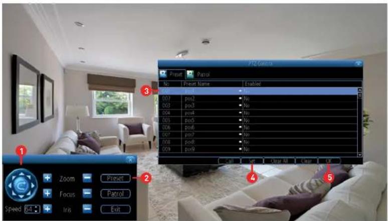 PTZ Camera 1 Zoom Focus Speed 64 Exit 2 Zoom Focus Patrol 3 Preset Name Enabled 007 003 004 005 006 007 008 009 3 No Yes No No No No No No No No No No Call Set Clear All Clear Exit