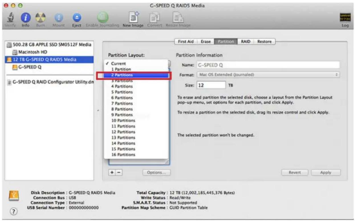 G-SPEED Q RAIDS Media 500.28 GB APPLE SSD SMOS12F Media Macintosh HD 12 TB G-SPEED Q RAIDS Media G-SPEED Q G-SPEED Q RAID Configurator Utility.dn First Aid Erase Partition RAID Restore Partition Layout: ✓ Current 1 Partition 2 Partitions 3 Partitions 4 Partitions 5 Partitions 6 Partitions 7 Partitions 8 Partitions 9 Partitions 10 Partitions 11 Partitions 12 Partitions 13 Partitions 14 Partitions 15 Partitions 16 Partitions Partition Information Name: G-SPEED Q Format: Mac OS Extended (Journaled) Size: 12 TB To erase and partition the selected disk, choose a layout from the Partition Layout pop-up menu, set options for each partition, and click Apply. To resize a partition on the selected disk, drag its resize control and click Apply. The selected partition won't be changed. Disk Description : G-SPEED Q RAIDS Media Total Capacity : 12 TB (12,002,185,445,376 Bytes) Connection Bus : USB Write Status : Read/Write Connection Type : External S.M.A.R.T. Status : Not Supported USB Serial Number : 000000000000 Partition Map Scheme : GUID Partition Table