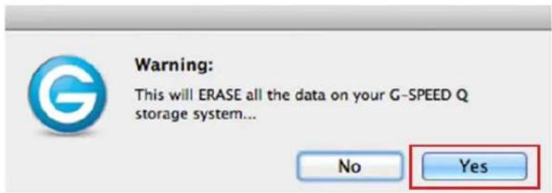 Warning: This will ERASE all the data on your G-SPEED Q storage system... No Yes