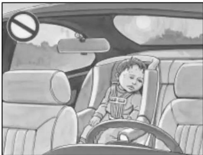 Black-and-white illustration of a child sitting in a car, with a no-smoking symbol visible on the windshield (no text or symbols present)