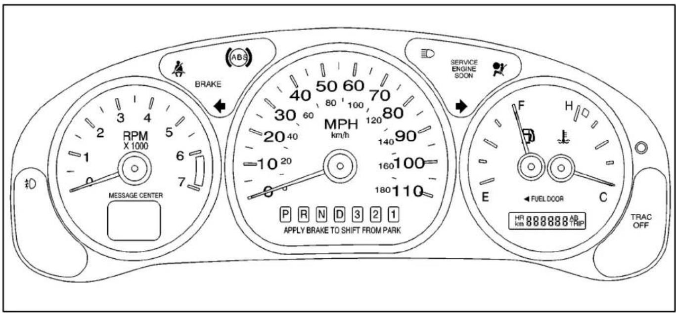 RPM X 1000 MESSAGE CENTER #0 3 4 2 5 6 7 1 2 3 4 5 6 7 ABS BRAKE 40 50 60 70 80 100 80 MPH km/h 20 40 60 120 140 90 -10 20 160 100 8 180 110 P R N D 3 2 1 APPLY BRAKE TO SHIFT FROM PARK SERVICE ENGINE SOON F H E FUEL DOOR C HR 888888 AB km TRIP TRAC OFF