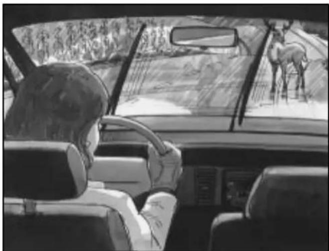 Interior view of a car showing a driver's seat, dashboard, and landscape scene with animals (no text or symbols visible)