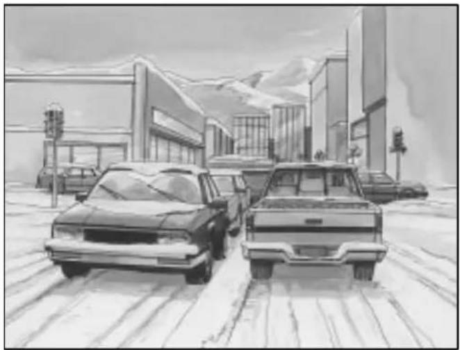 Black-and-white sketch of a city street with parked cars and modern buildings in the background (no text or symbols visible)