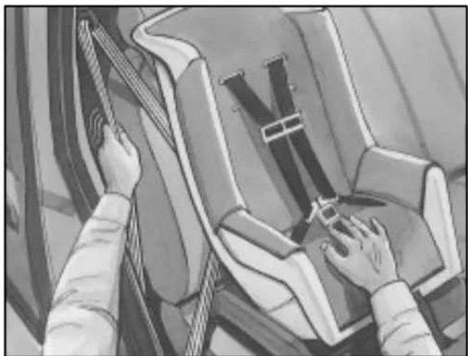 Illustration of hands installing or adjusting a vehicle seatbelt (no text or symbols visible)