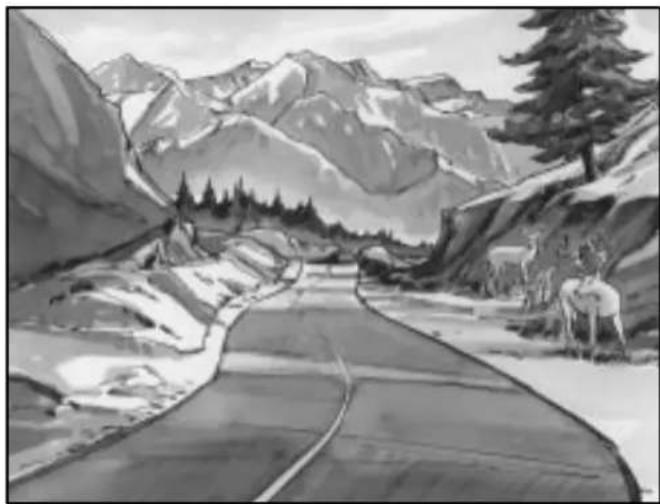 Black-and-white sketch of a winding mountain road leading to snow-capped peaks and pine trees (no text or symbols)