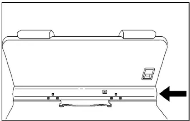 Line drawing of a vehicle rear panel with a directional arrow indicating left side (no text or symbols)