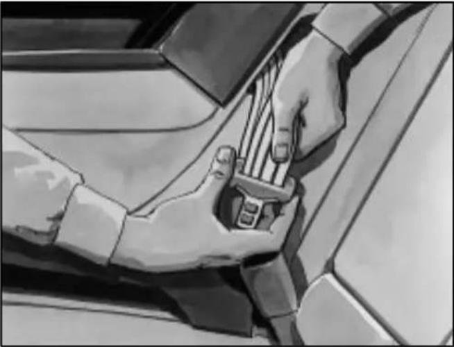 Illustration of hands fastening a car seatbelt (no text or symbols visible)