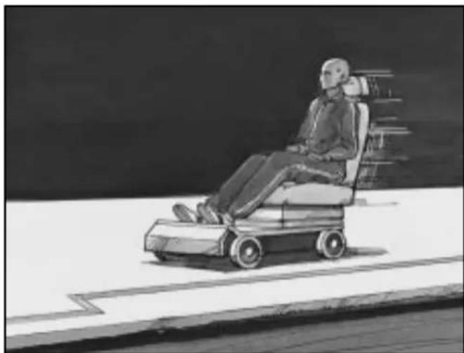 Illustration of a person using a mobility scooter on a paved surface (no text or symbols visible)