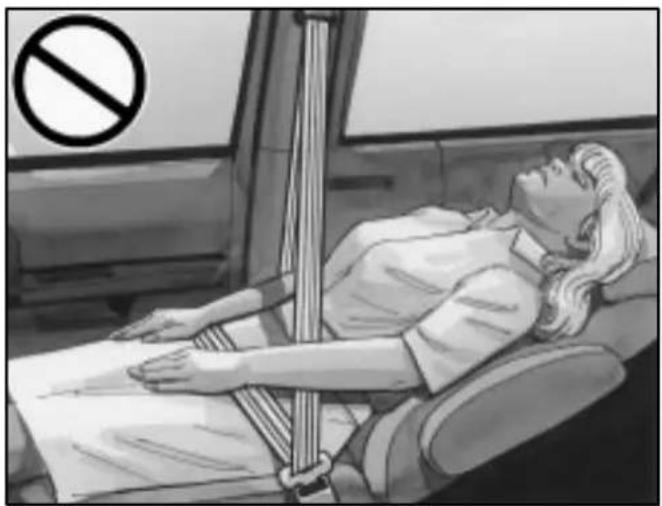 Illustration of a person lying on a car seatbelt with a no-smoking symbol above (no text or labels)