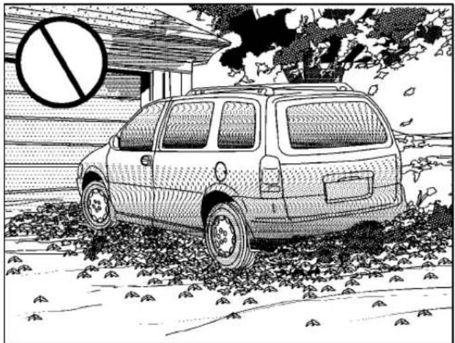 Black-and-white illustration of a car parked on gravel with a large 'no' symbol hanging from its roof, no text or symbols present.