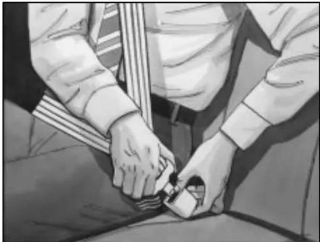 Illustration of hands adjusting a seatbelt (no text or symbols visible)
