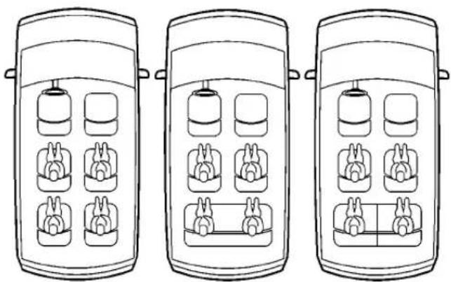 Three identical line drawings of a container with six small animal-shaped objects inside, arranged in rows (no text or symbols)