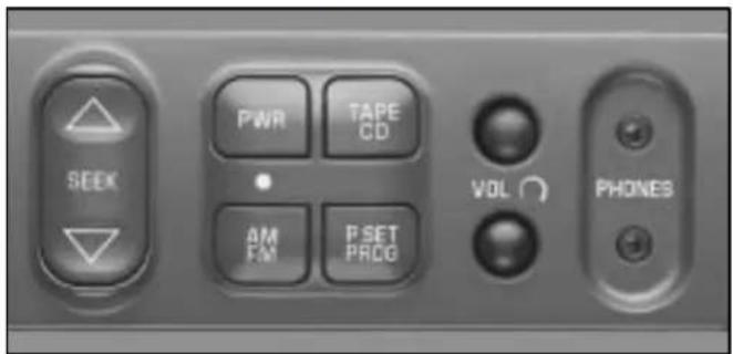 PWR TAPE CD VOL AM FM P SET PROG PHONES SEEK