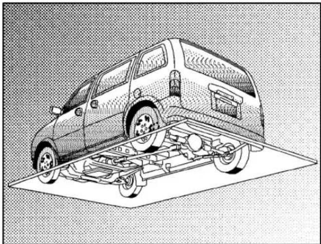 Technical line drawing of a car on an elevated platform with visible suspension components (no text or symbols)