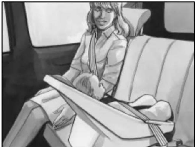 Black-and-white illustration of a person sitting on a car backseat, holding a book (no text or symbols visible)