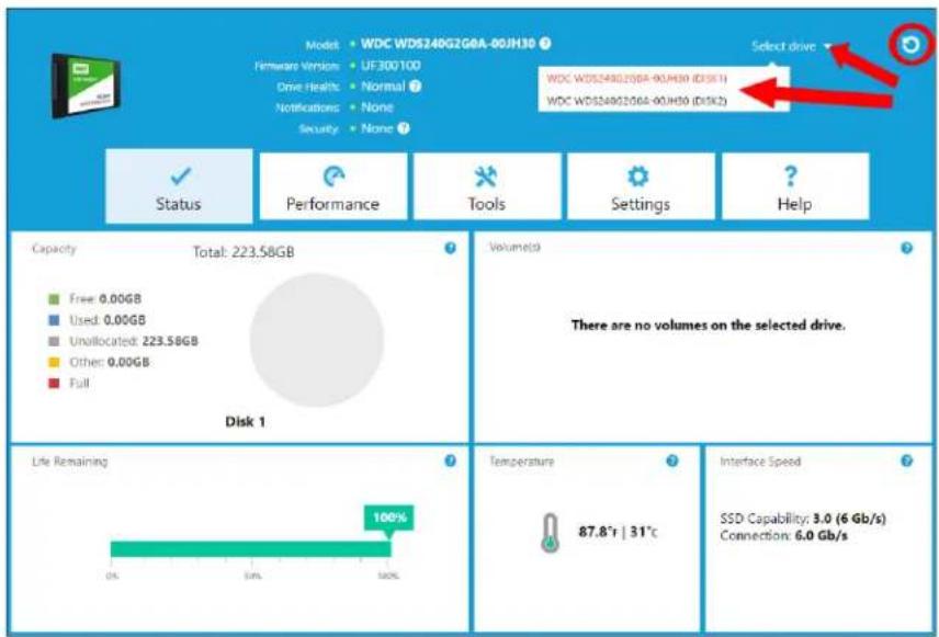 Model • WDC WD5240G2G8A-00JH30 Nirmware Version • UF300100 Drive Health • Normal ? Notifications • None Security • None Select drive WDC WD5240G2G8A-00JH30 (Disk1) WDC WD5240G2G8A-00JH30 (Disk2) Status Performance Tools Settings Help Capacity Total: 223.58GB Free: 0.00GB Used: 0.00GB Unallocated: 223.58GB Other: 0.00GB Full Disk 1 Volumetg There are no volumes on the selected drive. Life Remaining 100% 0% 10% 10% Temperature 87.8°r | 31°C Interface Speed SSD Capability: 3.0 (6 Gb/s) Connection: 6.0 Gb/s