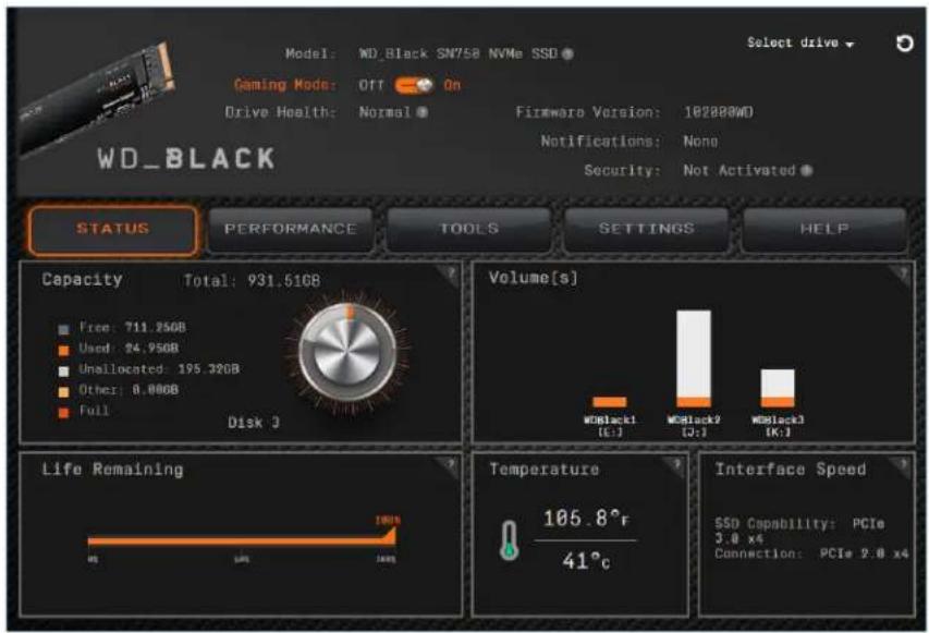 Model: WD_Black SN758 NVMe SSD Gaming Mode: Off On Drive Health: Normal Fireware Version: 10200WD Notifications: None Security: Not Activated WD_BLACK STATUS PERFORMANCE TODLS SETTINGS HELP Capacity Total: 931.51GB Free: 711.95GB Used: 24.95GB Unallocated: 195.32GB Other: 8.88GB Full Disk 3 Volume[s] WDBlack1 [+] WDBlack2 [+] WDBlack3 Life Remaining 100% Temperature 105.8°F 41°C Interface Speed SSD Capability: PCIe 3.8 x4 Connection: PCIe 2.8 x4