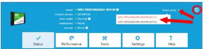 Model: WDC WDS240G2G0A-06JH30 Firmware Version: UF300100 Drive Health: Normal Notifications: None Security: None Select drive: WDC WDS240G2G0A-06JH39 (D5K1) WDC WDS240G2G0A-06JH39 (D5K2) Status Performance Tools Settings Help
