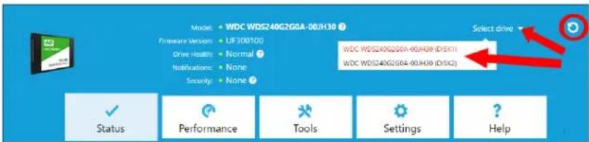 Model: WDC WDS240G2G0A-00JH30 Firemate Version: UF(300100) Drive Health: Normal ? Notifications: None Security: None Select drive WDC WDS240G2G0A-00JH39 (DISK1) WDC WDS240G2G0A-00JH39 (DISK2) Status Performance Tools Settings Help