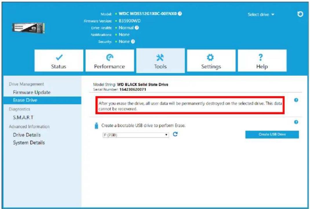 Model: WDC WDS512G1X0C-00ENX0 Firmware Version: B35900WD Drive Health: Normal ? Notifications: None Security: None ? Status Performance Tools Settings Help Drive Management Firmware Update Erase Drive Diagnostics S.M.A.R.T Advanced Information Drive Details System Details Model String: WD BLACK Solid State Drive Serial Number: 164230620071 After you erase the drive, all user data will be permanently destroyed on the selected drive. This data cannot be recovered. Create a bootable USB drive to perform Erase. F: (7GB) Create USB Drive