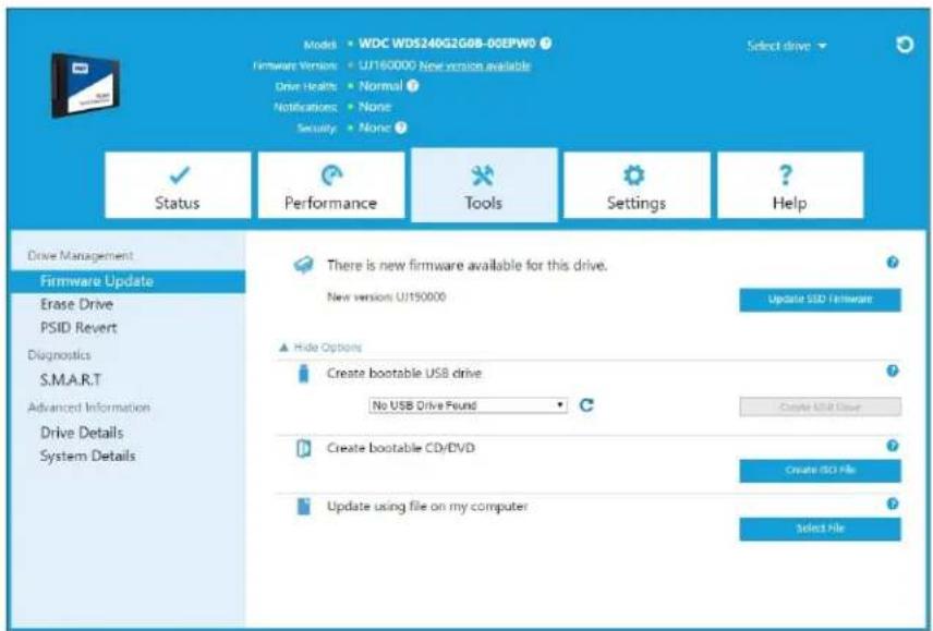 Model • WDC WD5240G2G08-00EPW0 Firmware Version • UJ160000 New version available Drive Health • Normal ? Notifications • None Security • None Select drive ✓ Status Performance Tools Settings ? Help Drive Management Firmware Update Erase Drive PSID Revert Diagnostics S.M.A.R.T Advanced Information Drive Details System Details There is new firmware available for this drive. New version UJ190000 Update SSD Firmware ▲ Hide Options Create bootable USB drive No USB Drive Found Create USB Drive Create bootable CD/DVD Update using file on my computer Create ISO File Select File