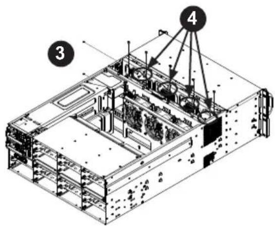 Technical diagram of a server rack with numbered components and structural annotations