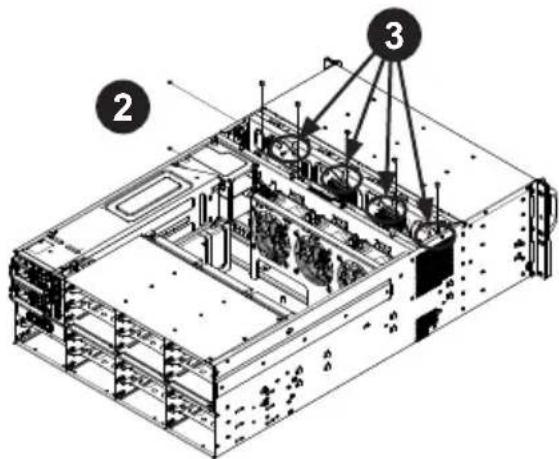 Technical diagram of a server rack with numbered components and labeled parts