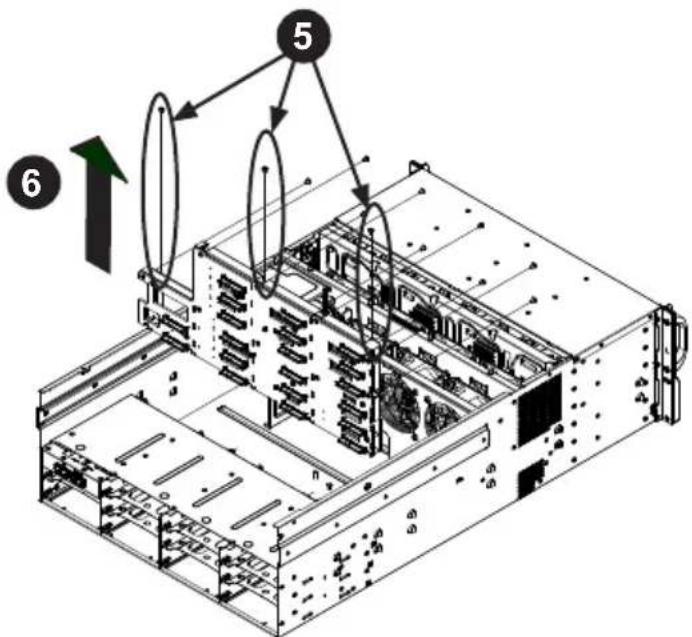 Technical diagram of a server rack with numbered components and directional arrows indicating assembly or process flow.