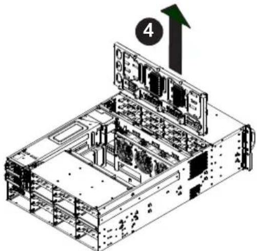 Technical diagram of a server rack with labeled components and an upward arrow indicating motion or assembly.